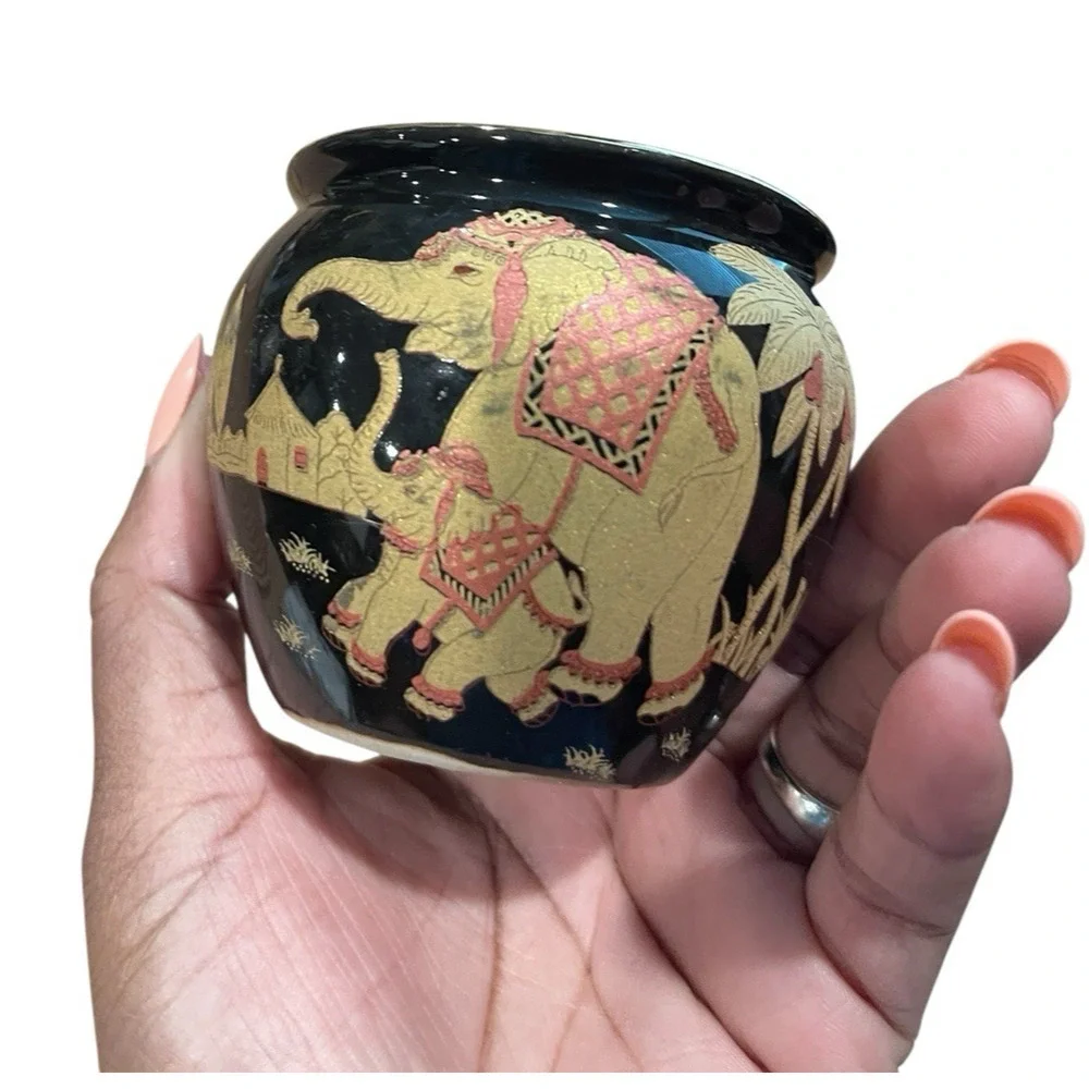Black Ceramic Mini Vase Bonsai Pot with Elephants Oriental Decor Black Decor